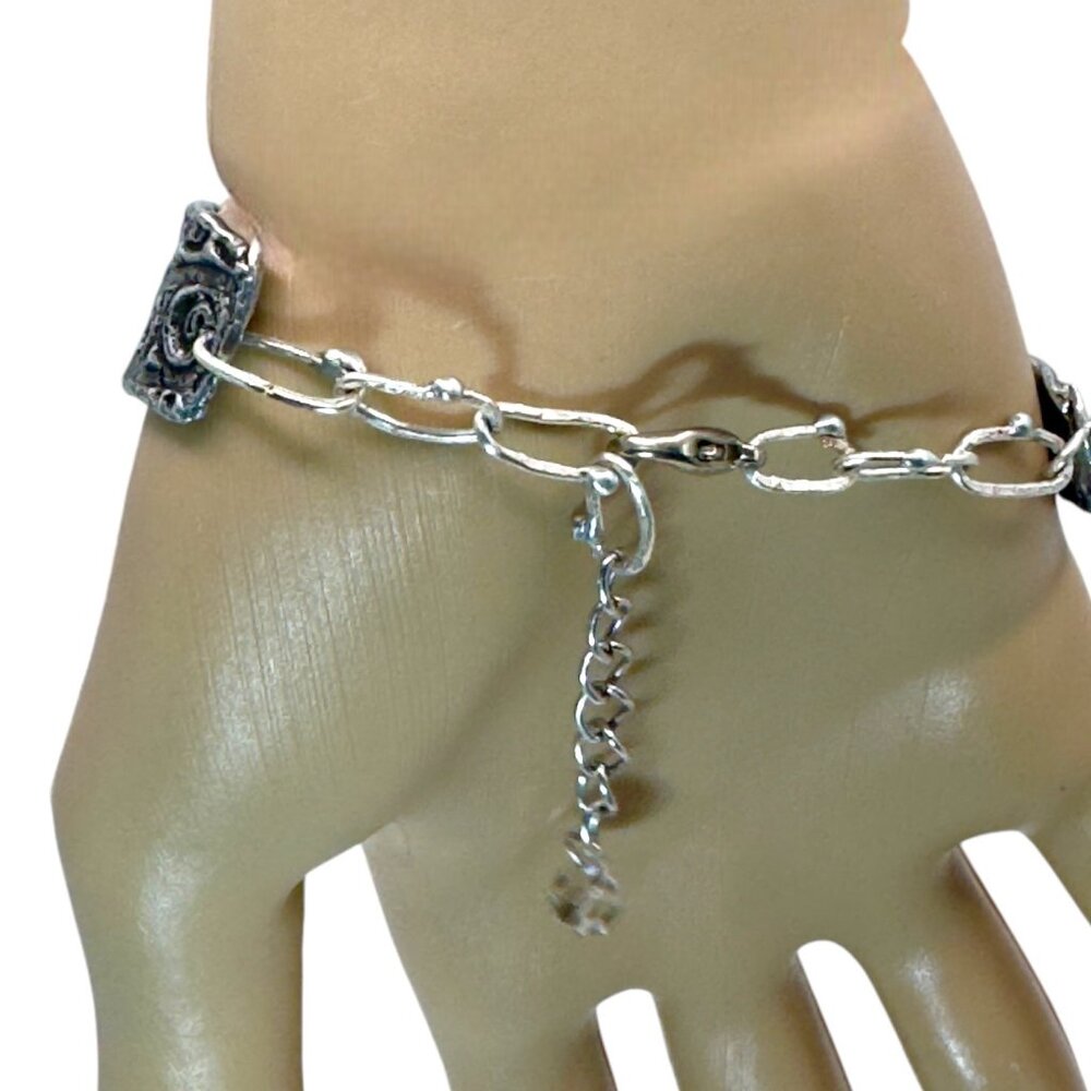 Amethyst Bracelet - Chunky Crystal Intricate Silver Links Adjustable 8" - Picture 12 of 17
